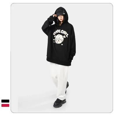 Casual Cute Loose Cartoon Hooded Cotton Sweater Black - Shop at LoveMi