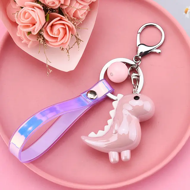 New Cute Little Dinosaur Car Keychain Pendant Creative Colorful Leather Cord Keychain Pink - Shop at LoveMi