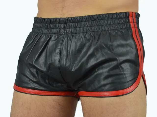 European And American Trend Men's Contrasting Color Hemming PU Leather Shorts Red - Shop at LoveMi