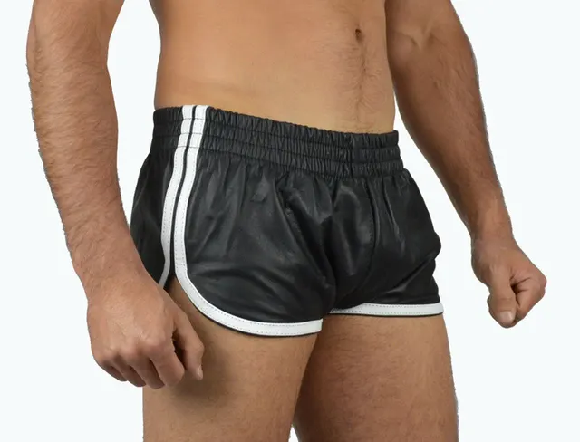 European And American Trend Men's Contrasting Color Hemming PU Leather Shorts White - Shop at LoveMi