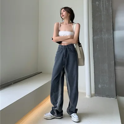 Gray Gradient High rise Denim Loose Wide leg Pants Black - Shop at LoveMi