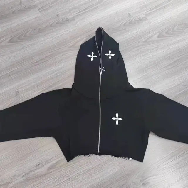 New Casual Loose Color Zipper Long sleeved Hooded Cropped Jacket Black - Shop at LoveMi