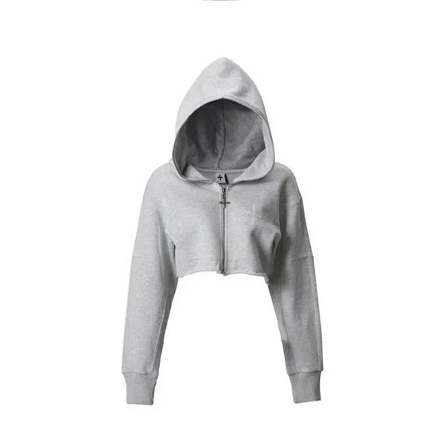 New Casual Loose Color Zipper Long sleeved Hooded Cropped Jacket Grey - Shop at LoveMi