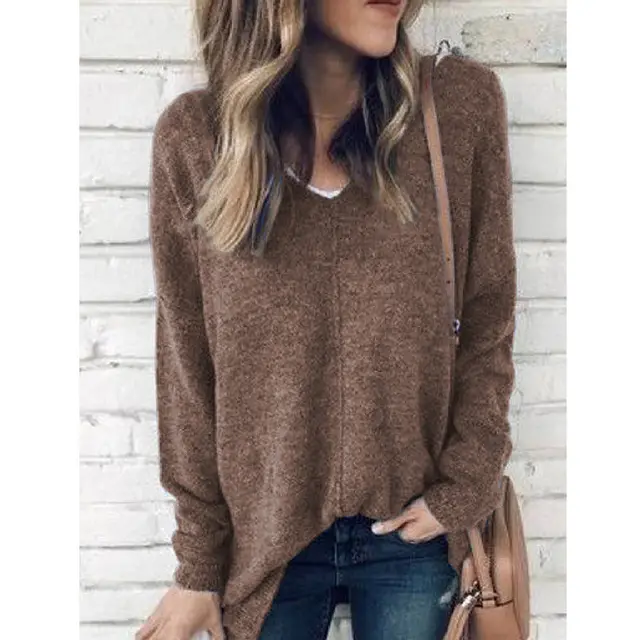 V neck Pullover Outer Wear Thick Plus Size Fleece Sweater Women Coffee - Shop at LoveMi