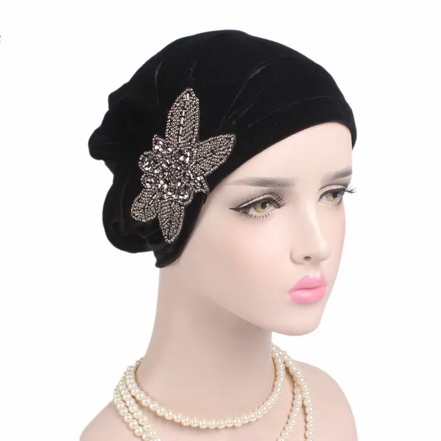 Beaded Flower Accessories Turban Hat Velvet Pleated Hood Black - Shop at LoveMi
