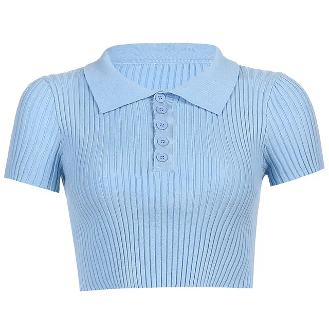 Korean Style Lapel Slim Slimming Cropped Top Blue - Shop at LoveMi