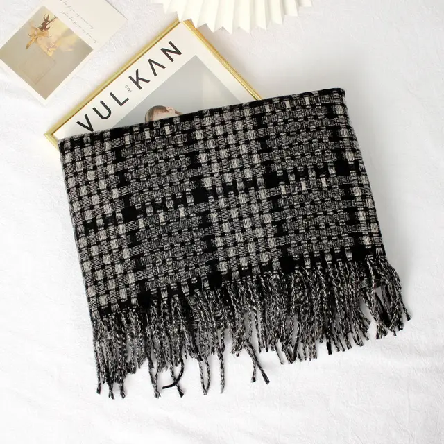 Warm Color Matching Plaid Fringe Long Shawl Scarf Black - Shop at LoveMi