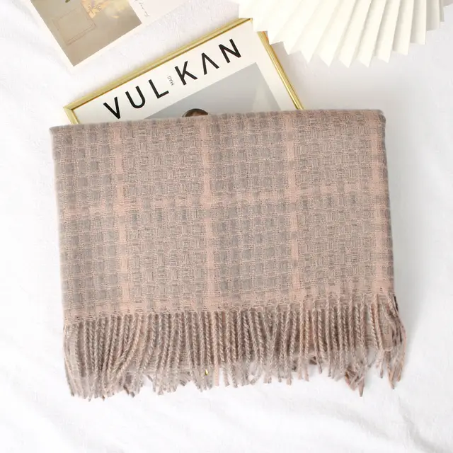 Warm Color Matching Plaid Fringe Long Shawl Scarf Pink - Shop at LoveMi