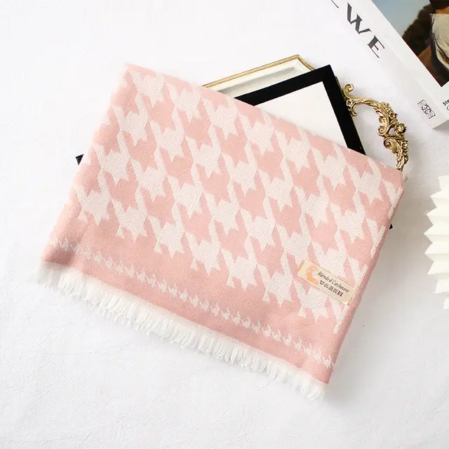 Warm Shawl Size Houndstooth Long Short Beard Scarf Pink - Shop at LoveMi