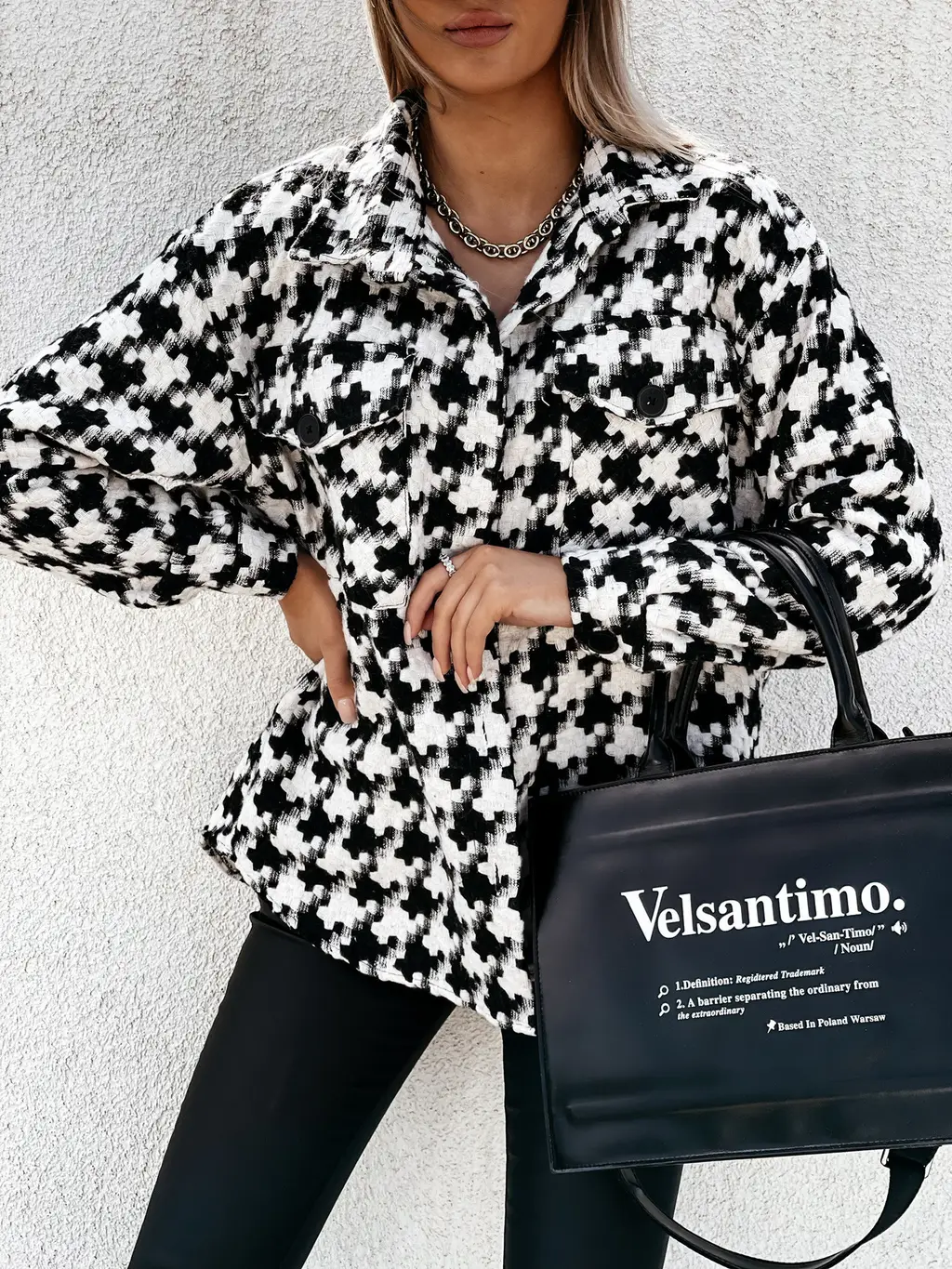 Explosive Net Red Autumn And Winter Long-sleeved Houndstooth Printed Woolen Jacket Women - Houndstooth