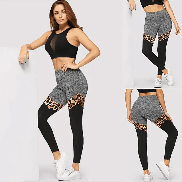 Grey And Black Plus Leopard Print Stitching Polyester Fiber Leggings Black Gray - Shop at LoveMi