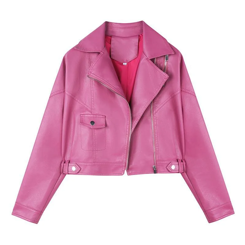 Casual Loose Wind Turbine Motorcycle Suit Handsome Pu Leather Jacket Rose Red - Shop at LoveMi