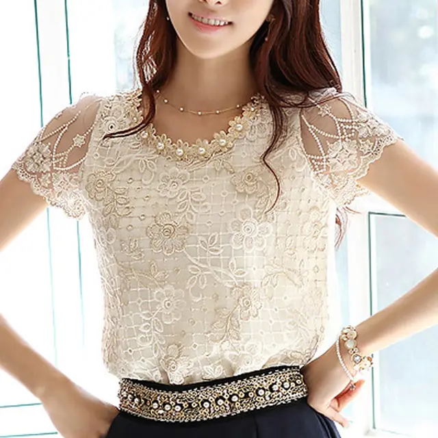 Chiffon Lace Ladies Beaded Print Short Sleeve Net Yarn White - Shop at LoveMi