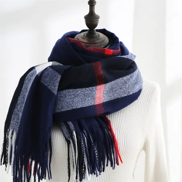 Imitation Cashmere Scarf Sweet Striped Shawl To Keep Warm Navy Blue - Shop at LoveMi