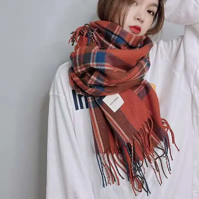 Retro Plaid Scarf Women Winter Imitation Cashmere Shawl Coded Grid Red - Shop at LoveMi