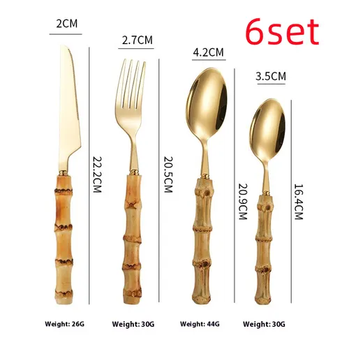 Creative Bamboo Tableware 304 Stainless Steel Steak Cutlery 6Sets Gold Suit - Shop at LoveMi