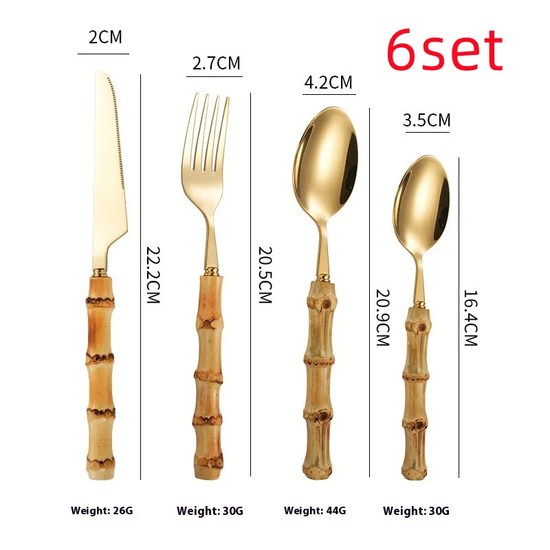 Creative Bamboo Tableware 304 Stainless Steel Steak Cutlery 6Sets Gold Suit - Shop at LoveMi