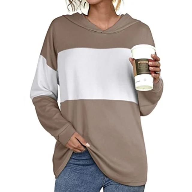 Style Hit Color Hooded Long sleeved Casual Sweater Women Khaki - Shop at LoveMi