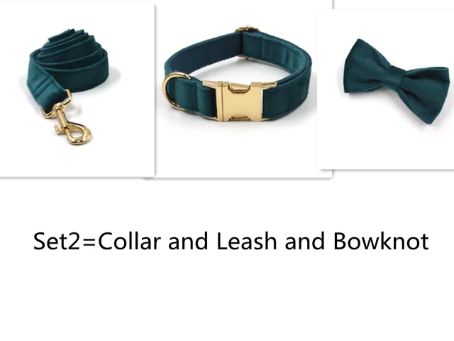 Sapphire Green Velvet Gold Buckle Hardware Pet Collar Leash Set2 - Shop at LoveMi