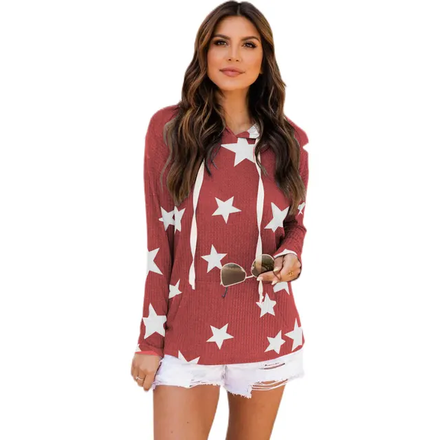 Fashionable Five pointed Star Long sleeved Hooded Sweater Loose Top Red - Shop at LoveMi
