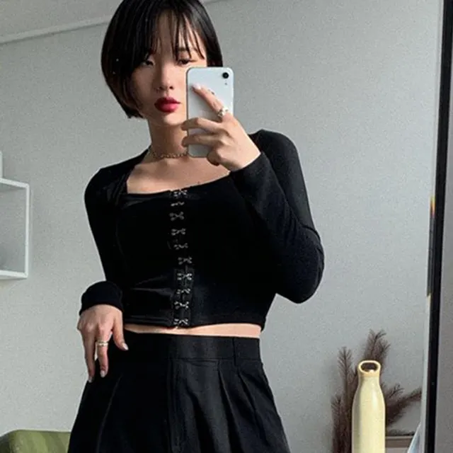 Metal Button Square Neck Knitted Top With Long Sleeves Black - Shop at LoveMi