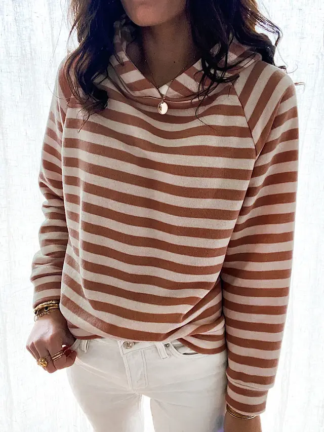 Hooded Striped Three color Long sleeved Sweater Brown - Shop at LoveMi
