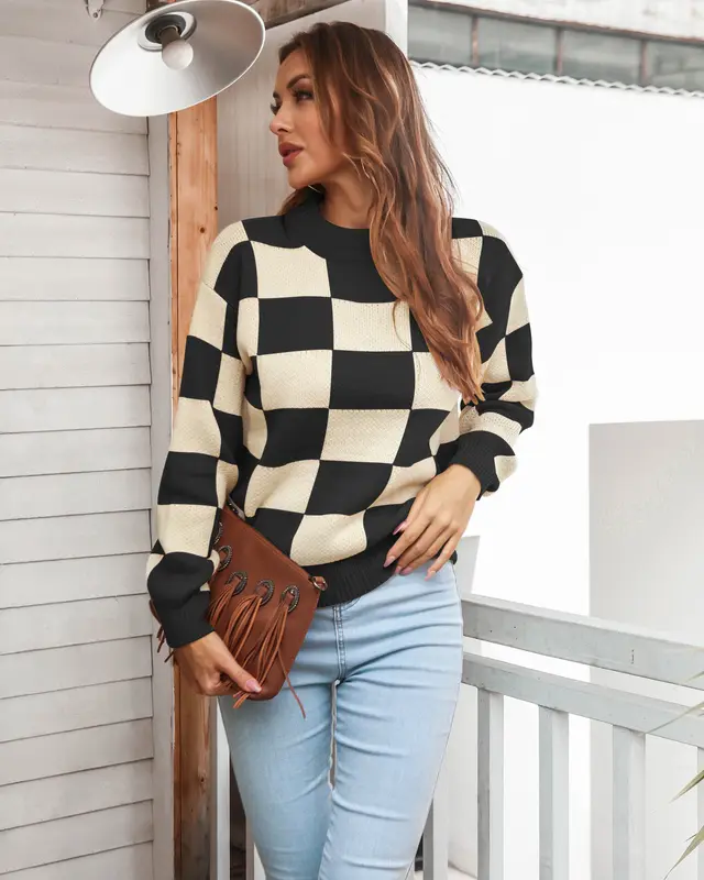 New European And American Women's Geometric Knitted Sweater Black - Shop at LoveMi