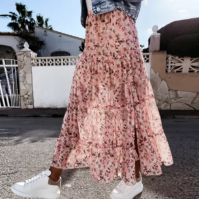 Bohemian Long Skirt For Women Chiffon Floral Printed Split 01Color - Shop at LoveMi