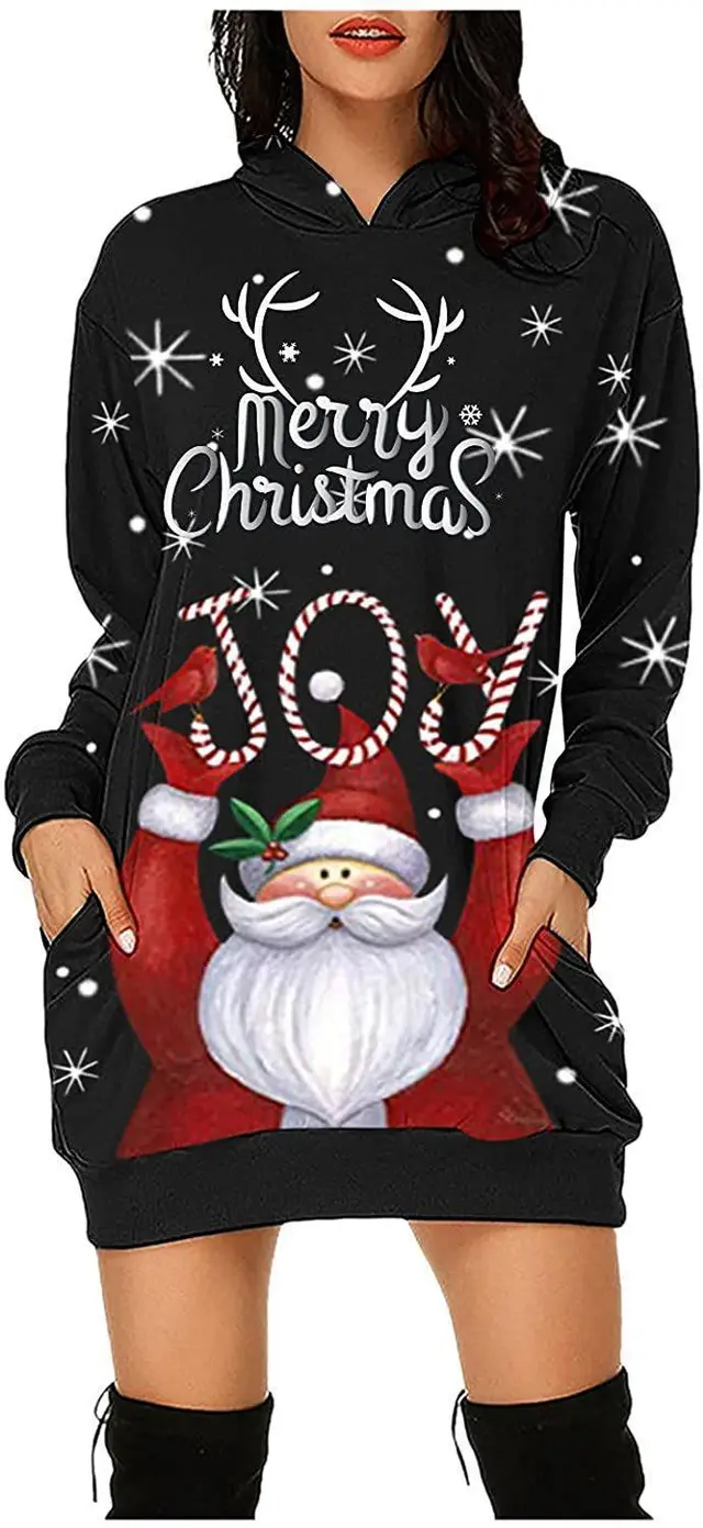 Women's Long sleeved Sweater Dress Autumn New Christmas Print Hooded Skirt Black Red - Shop at LoveMi