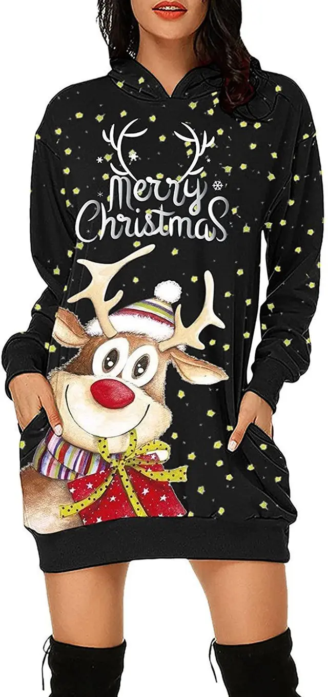 Women's Long sleeved Sweater Dress Autumn New Christmas Print Hooded Skirt Black Yellow - Shop at LoveMi