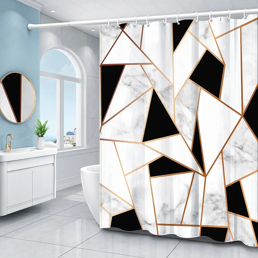 Geometric Tile Colour Block Shower Curtain Set - Black And White