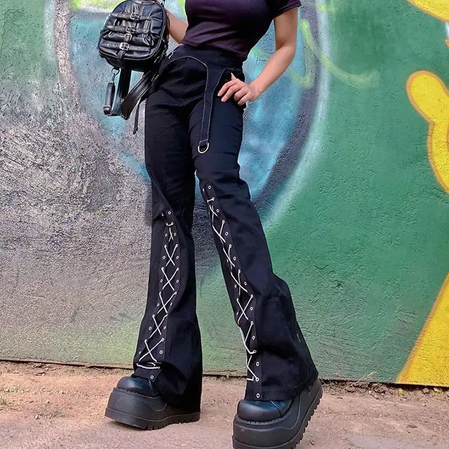 Slim High Waist Slimming Dark Black Lace Up Woven Bootcut Trousers Black - Shop at LoveMi