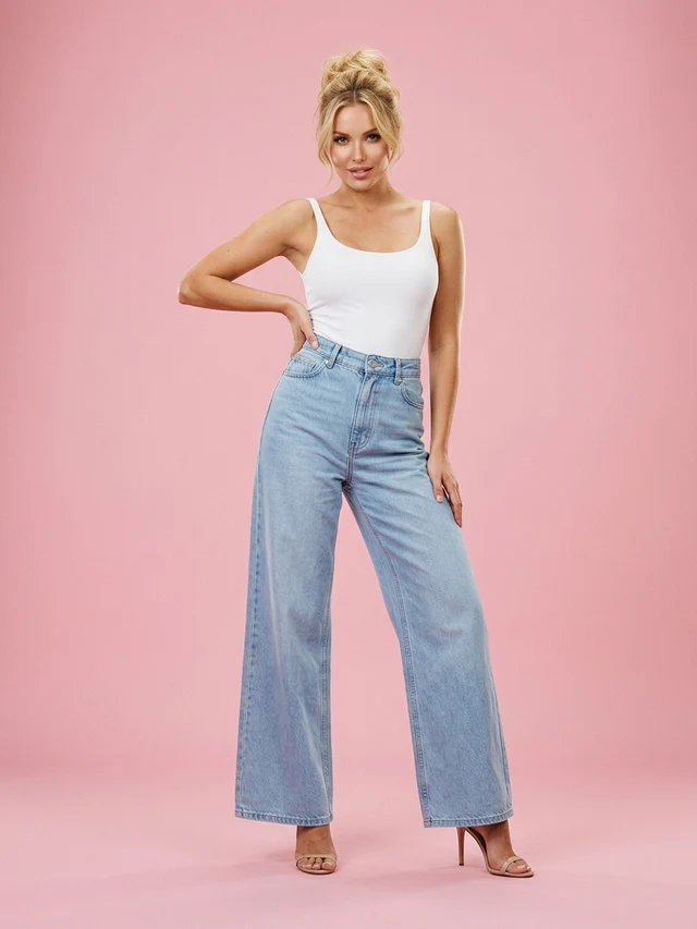 High Waist Light Blue Loose Straight Drape Denim Trousers Light Blue - Shop at LoveMi
