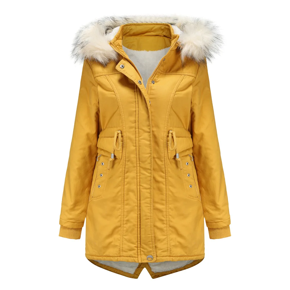 Mid length Detachable Hood And Fur Collar Women's Cotton Coat Yellow - Shop at LoveMi