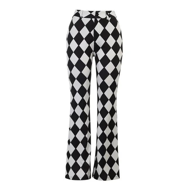 Checkerboard Print Casual Hip lifting Micro flare Trousers Black And White - Shop at LoveMi