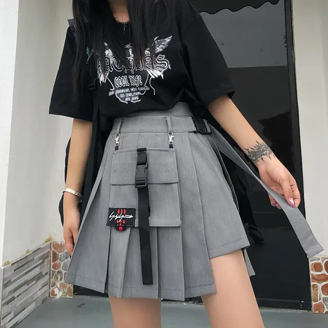 Large Size Pleated Skirt Pocket Tooling Female Dark Plus Size Mm Elastic Waist Grey - Shop at LoveMi