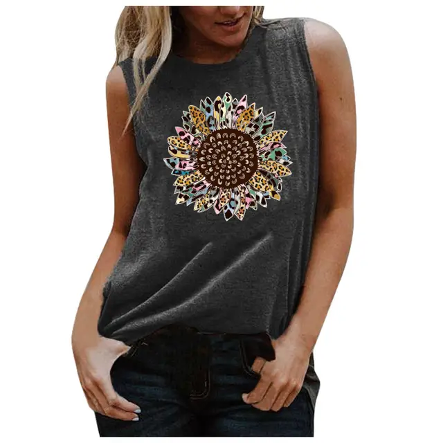 Printed Round Neck Casual Sleeveless T Shirt Grey - Shop at LoveMi