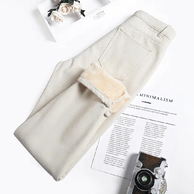 Fleece Jeans Women's Loose Straight leg Pants Apricot - Shop at LoveMi
