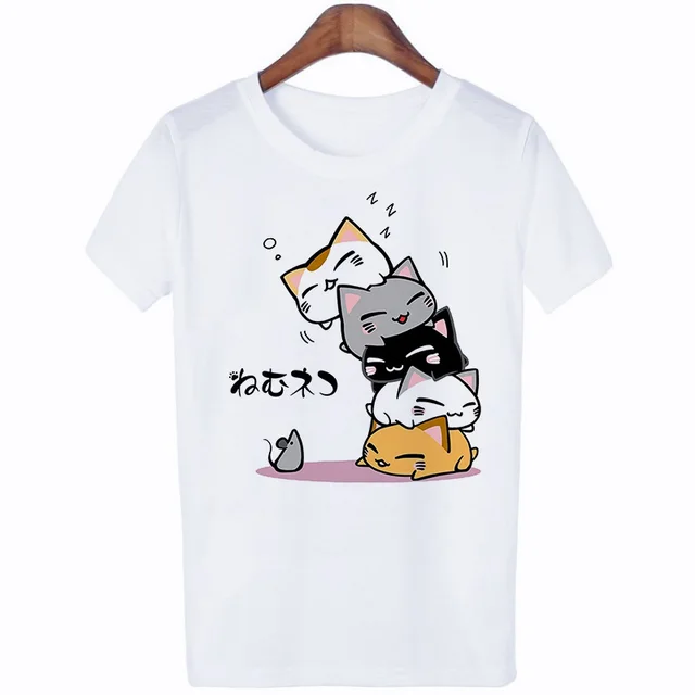 New Summer Cat Short sleeved Cute Cartoon Print Ladies Round Neck White Top T shirt Short sleeved 1 Style - Shop at LoveMi