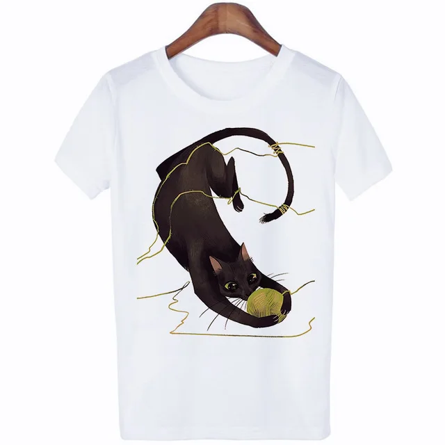 New Summer Cat Short sleeved Cute Cartoon Print Ladies Round Neck White Top T shirt Short sleeved 2 Style - Shop at LoveMi