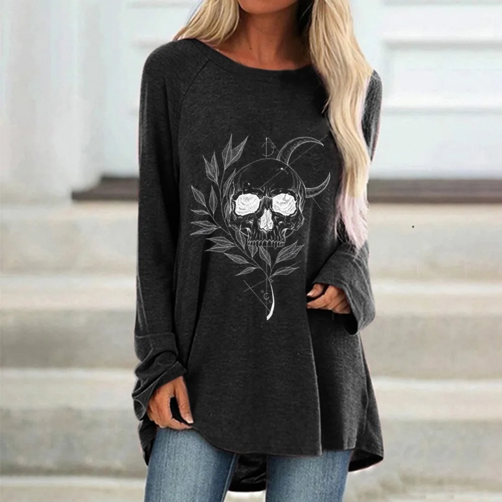 Large Round Neck Skull Print Loose Long Sleeves - Black