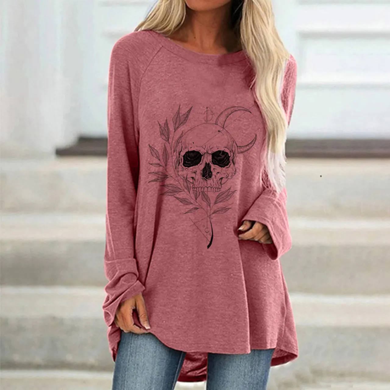 Large Round Neck Skull Print Loose Long Sleeves - Pink
