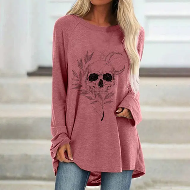 Large Round Neck Skull Print Loose Long Sleeves Pink - Shop at LoveMi