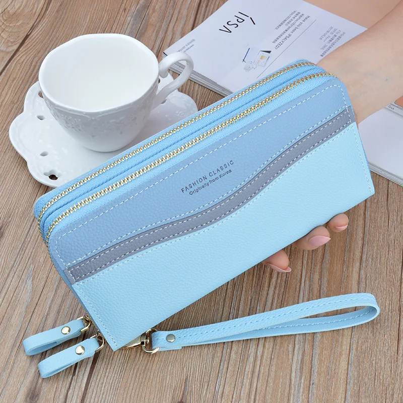 Ladies Long Double Zipper Contrasting Color Large Capacity Clutch Blue - Shop at LoveMi
