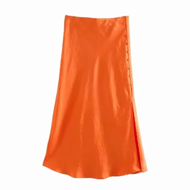Ladies Fashion Buttoned Slit Satin Skirt Orange - Shop at LoveMi