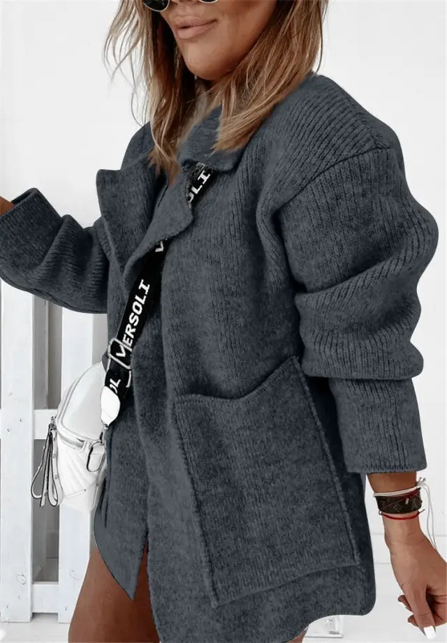 New Product Fashion Print Ladies Woolen Coat Dark Grey - Shop at LoveMi
