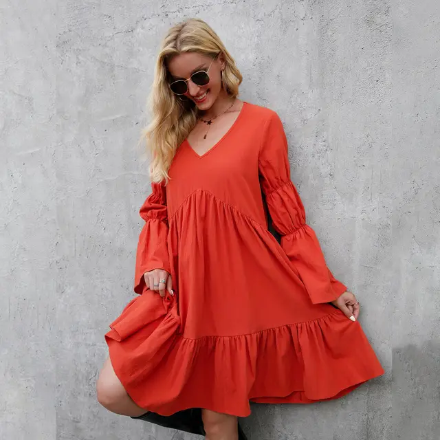 Large Swing Ruffle Print Sleeveless Dress Women Orange - Shop at LoveMi