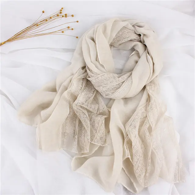 Lace Stitching Cotton And Linen Long Solid Color Scarf Shawl Beige - Shop at LoveMi