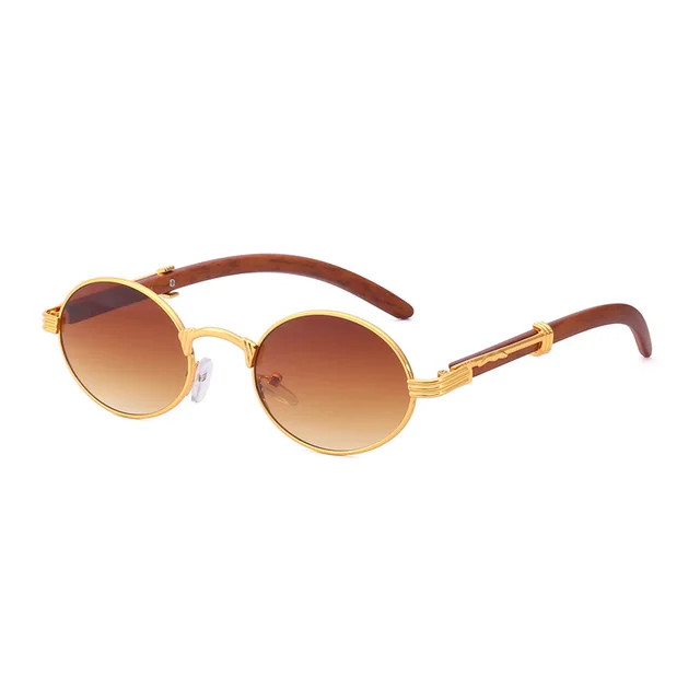 Retro Wood like Sunglasses Small Round Frame Golden Double Tea - Shop at LoveMi