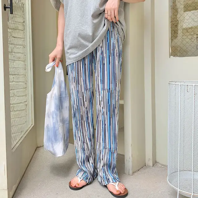 Elastic Waist Straight Casual Pants Mopping Pants Blue - Shop at LoveMi